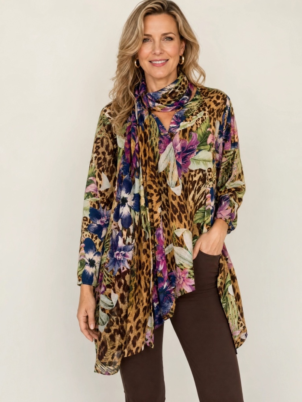 IMAN Global Chic Shirt Tunic & Scarf Set L NWOT Tropical Leopard Print